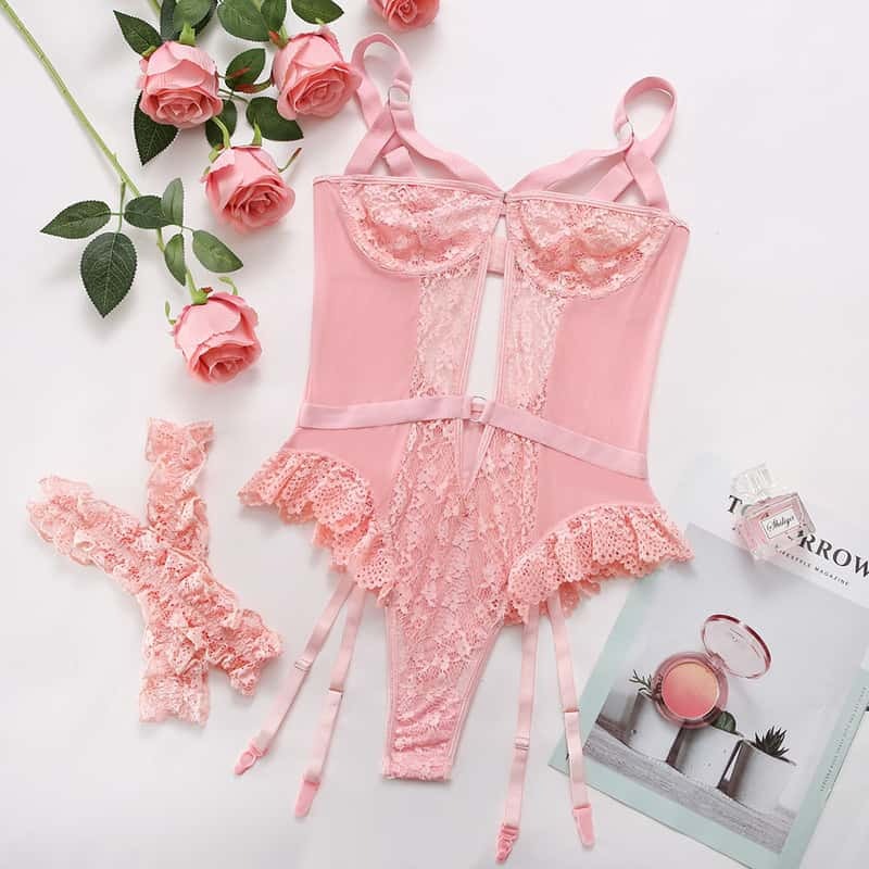 Pink Cute Sexy Lace Teddy Lingerie Set Over View