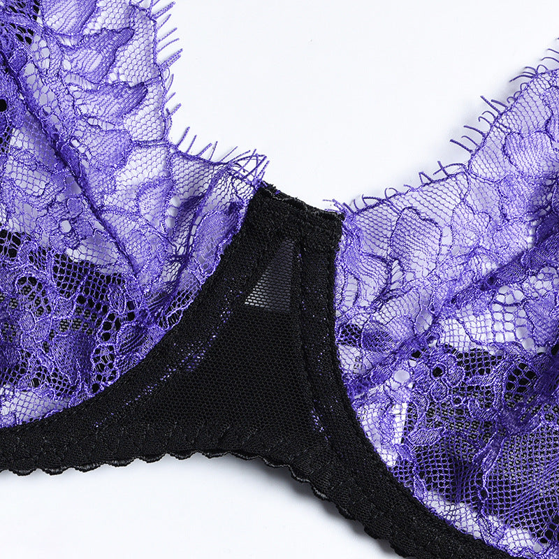 Purple Eyelash Lace Lingerie Set with Garter Bra Detai