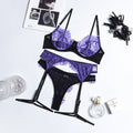 Purple Eyelash Lace Lingerie Set with Garter Back View