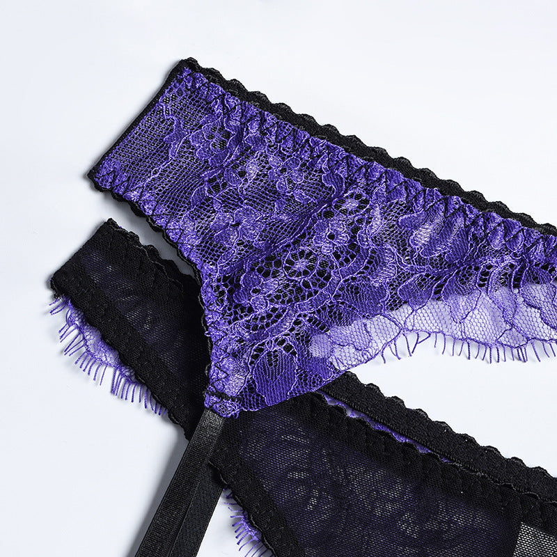 Purple Eyelash Lace Lingerie Set with Garter-9