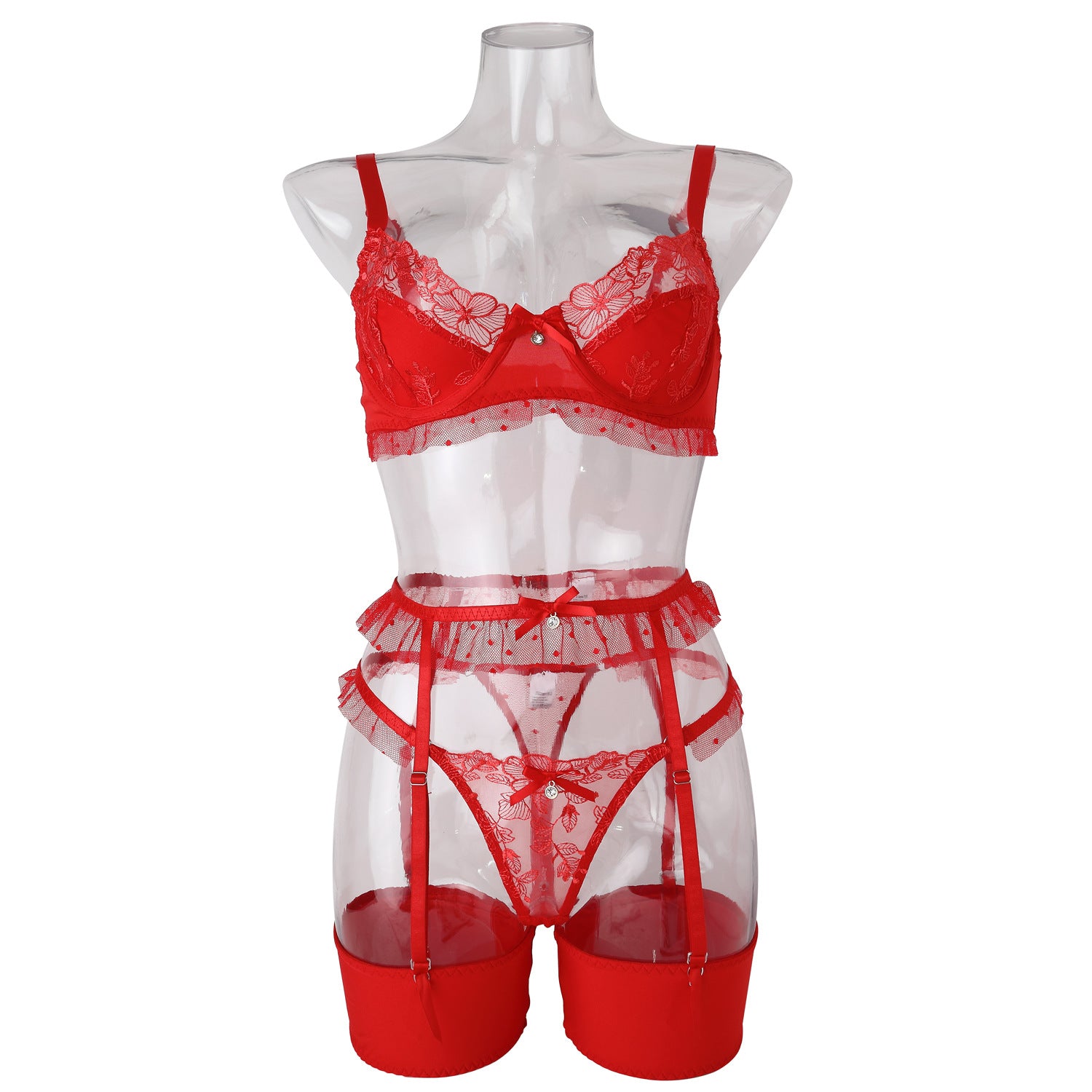 Red Heavy Craftsmanship Embroidered Lingerie Set - Wholesale Lingerie Front View