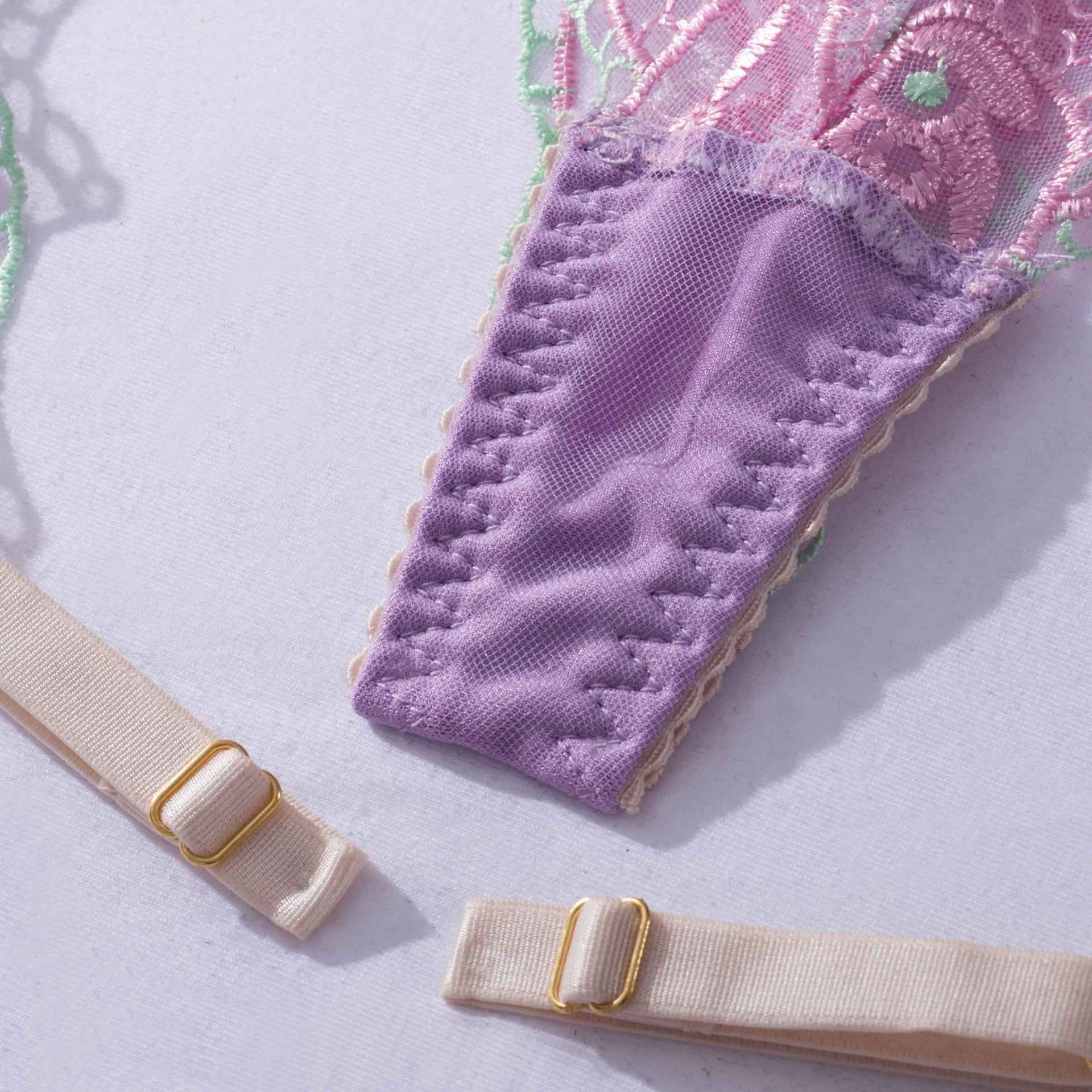 Sheer Mesh Sexy Lingerie Bra Set with Embroidered Flowers Crotch Details