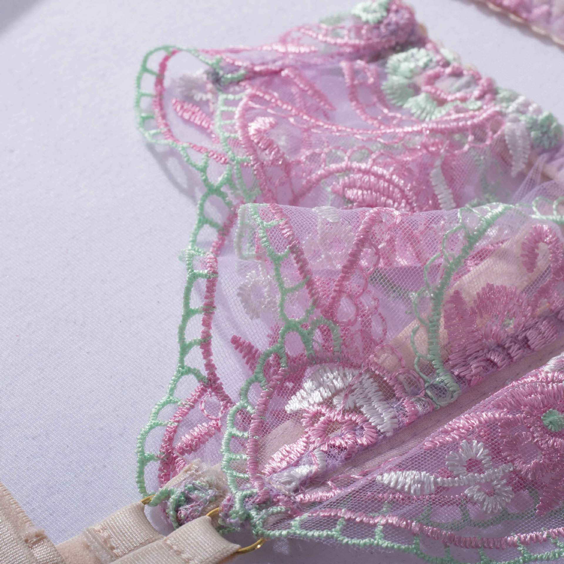 Sheer Mesh Sexy Lingerie Bra Set with Embroidered Flowers Material Detials