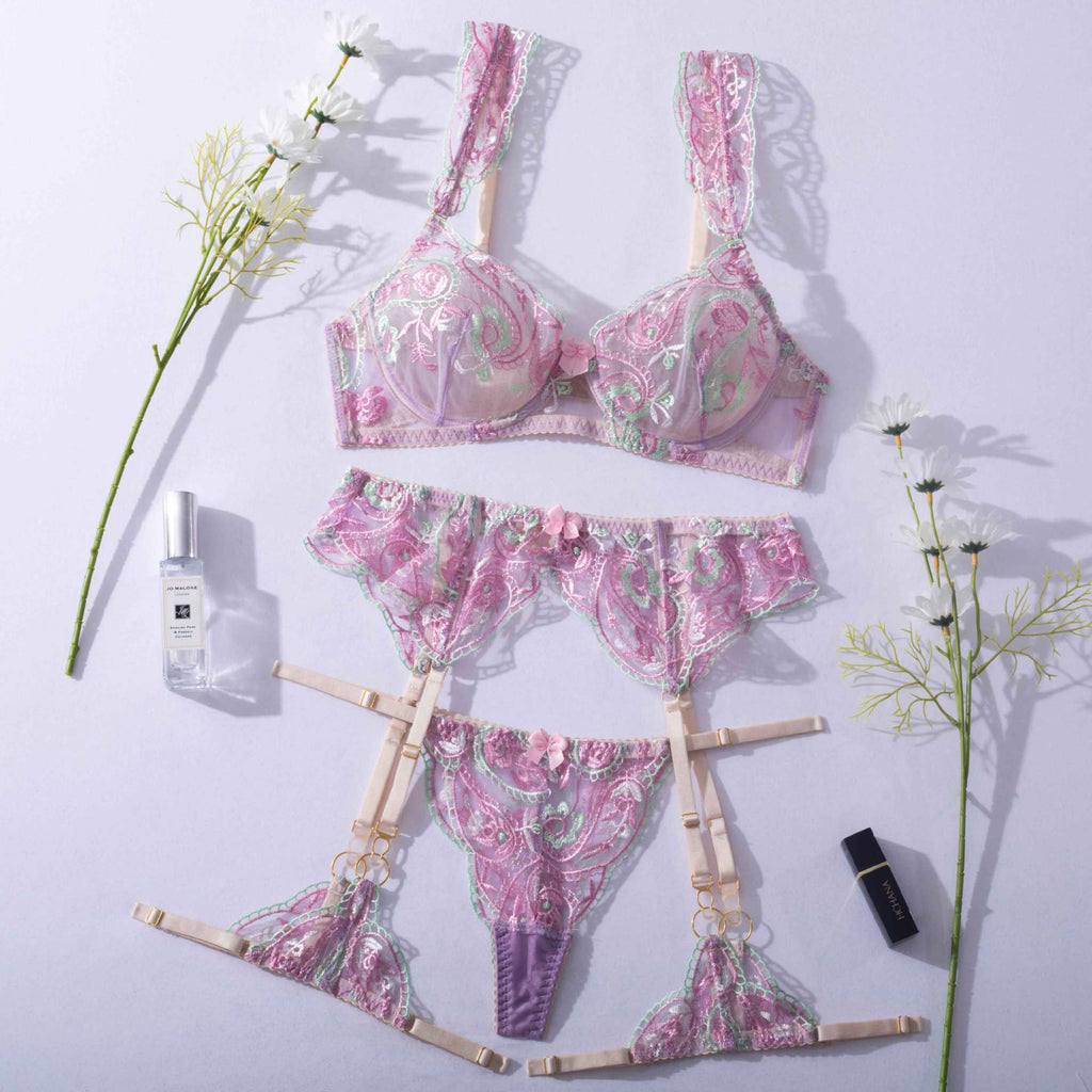 Sheer Mesh Sexy Lingerie Bra Set with Embroidered Flowers Over View