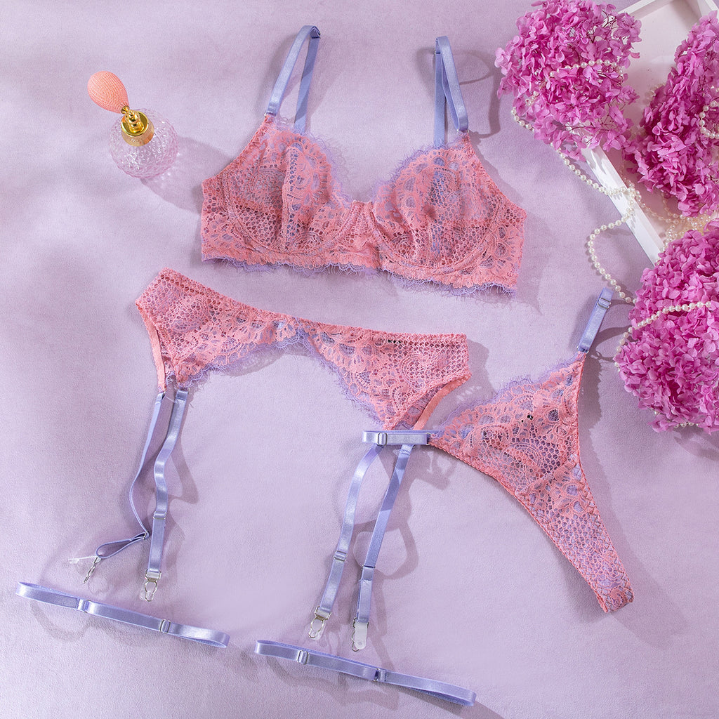 Wholesale Intimate Lingerie Set with Sexy Hollow Lace in Pink OverView